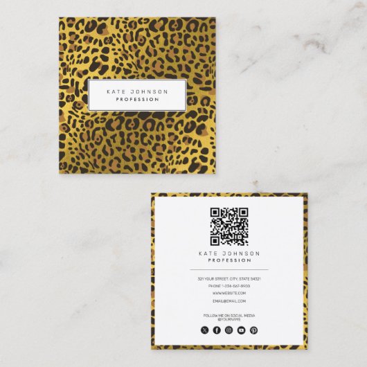Tierische Skin Leopard Print Muster Gold QR Code Quadratische Visitenkarte (Vorne/Hinten)