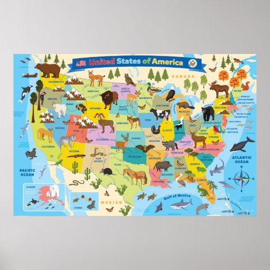Tierische US-Karte für Kinder Poster (Vorne)