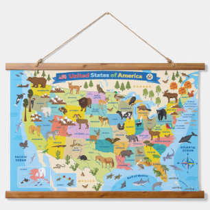 Tierische US-Karte für Kinderwand Wandteppich Mit Holzrahmen