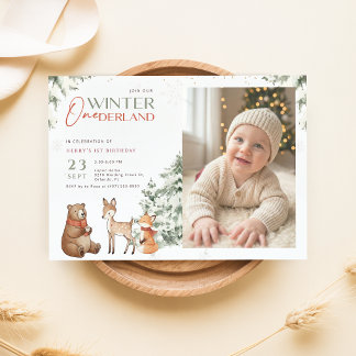 Tierischer Winter Onederland Kinder Foto 1. Geburt Einladung