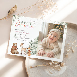 Tierischer Winter Onederland Kinder Foto 1. Geburt Einladung