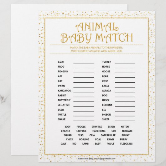 tierisches Babymatte [goldene Glitzern] Briefbogen (Vorne/Hinten)