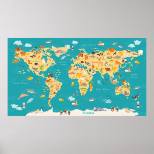 Tierkarte der Welt für Kinder Poster