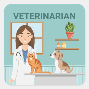 Tierklinik Tierärztin Frau mit Katze und Welpe Quadratischer Aufkleber