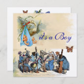 TIERLANDORCHESTER / BLAUE STORK BOY BABY DUSCHE EINLADUNG (Vorne/Hinten)