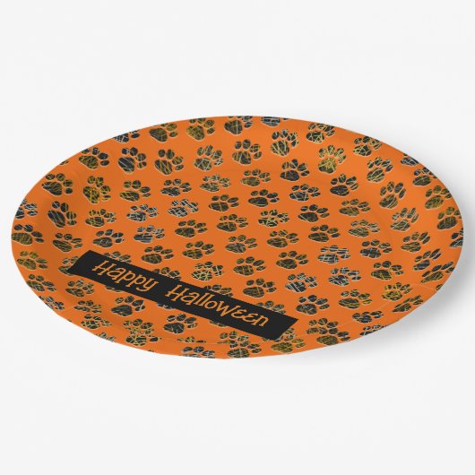 Tierpaw-Silhouette Halloween Pawty Orange Pappteller (Schrägansicht)