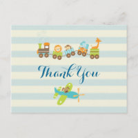 Tierspielzeug-Zug und Flugzeug auf Streifen Danke