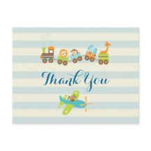 Tierspielzeug-Zug und Flugzeug auf Streifen Danke