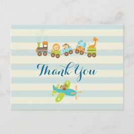 Tierspielzeug-Zug und Flugzeug auf Streifen Danke Postkarte