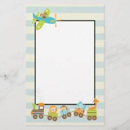 Tierspielzeug-Züge und Hoggy-Flugzeug auf Streifen Briefpapier