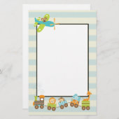 Tierspielzeug-Züge und Hoggy-Flugzeug auf Streifen Briefpapier (Vorne/Hinten)