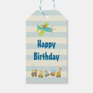 Tierspielzeugzug und Flugzeug auf Streifen Geburts Geschenkanhänger