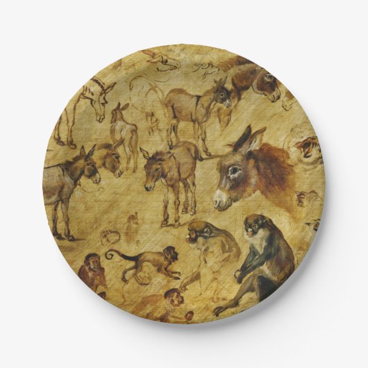 Tierstudien: Esel, Affen, Katzen und Hunde Pappteller (Vorderseite)