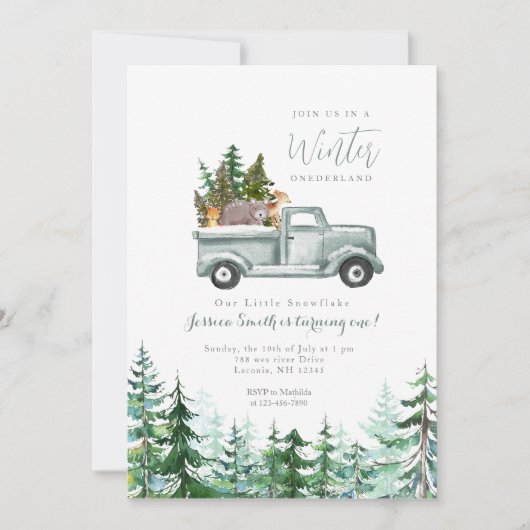 Tierwald Winter Onederland 1. Geburtstag Einladung (Vorderseite)