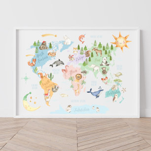 Tierweltkarte Kinder drucken, Tiere der Welt Poster