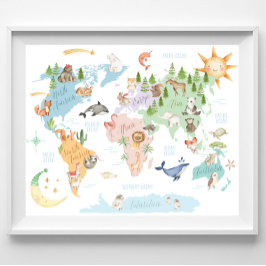 Tierweltkarte Kinder drucken, Tiere der Welt Poster