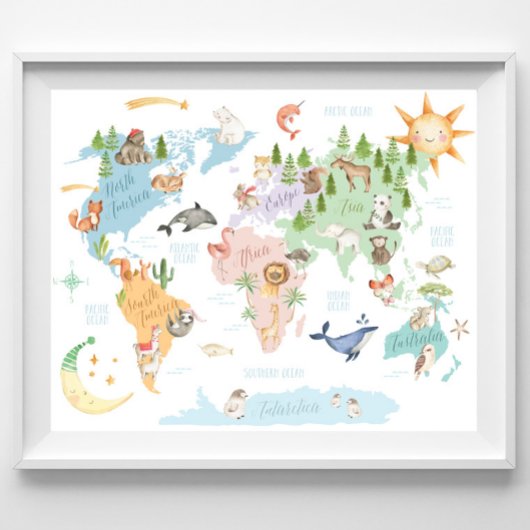Tierweltkarte Kinder drucken, Tiere der Welt Poster