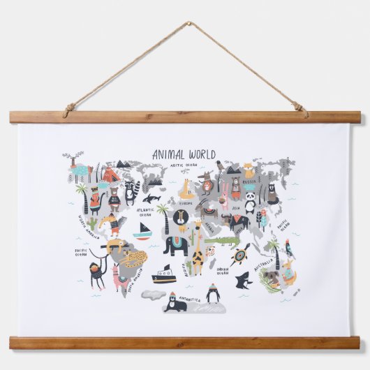 Tierweltkarte Wandteppich Mit Holzrahmen (Vorne)