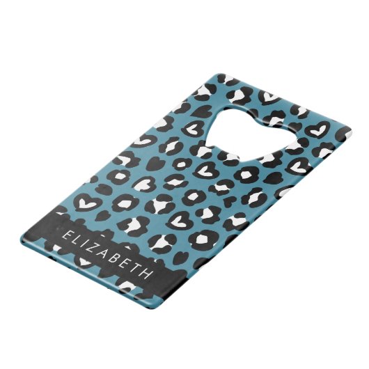 Tierwerbung, Blauer Leopard, Herz, Ihr Name Geldbeutel Flaschenöffner (Vorderseite Schrägansicht)