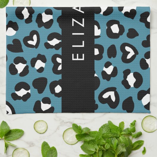 Tierwerbung, Blauer Leopard, Herz, Ihr Name Geschirrtuch (Gefaltet)