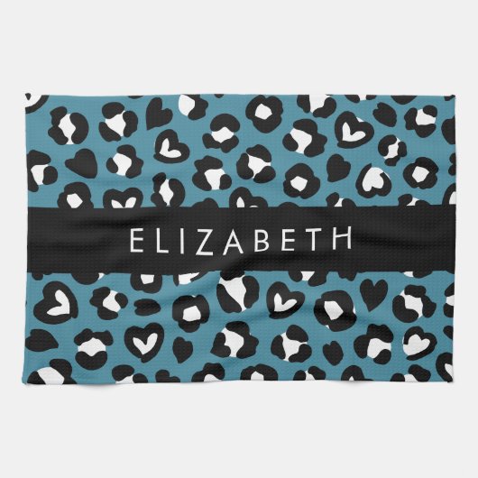 Tierwerbung, Blauer Leopard, Herz, Ihr Name Geschirrtuch (Horizontal)