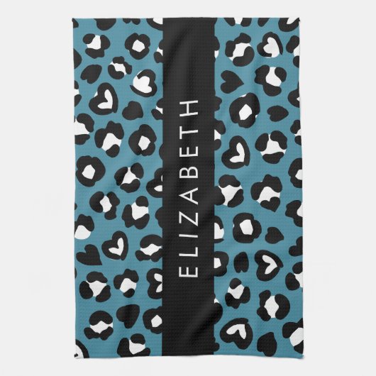 Tierwerbung, Blauer Leopard, Herz, Ihr Name Geschirrtuch (Vertikal)