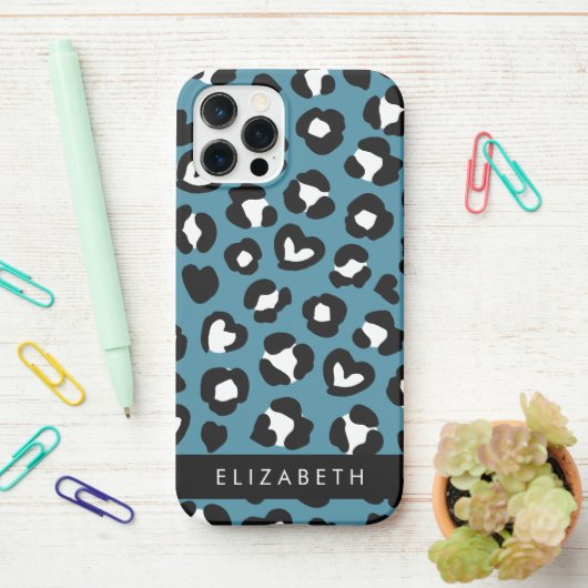 Tierwerbung, Blauer Leopard, Herz, Ihr Name iPhone Hülle (Auf dem Schreibtisch)