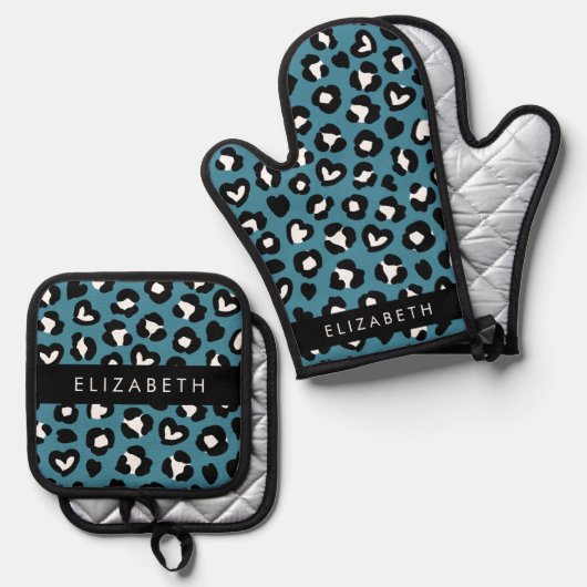 Tierwerbung, Blauer Leopard, Herz, Ihr Name Ofenhandschuh & Topflappen-Set (Vorderseite/Rückseite)