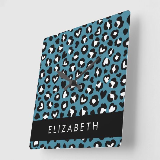 Tierwerbung, Blauer Leopard, Herz, Ihr Name Quadratische Wanduhr (Winkel)