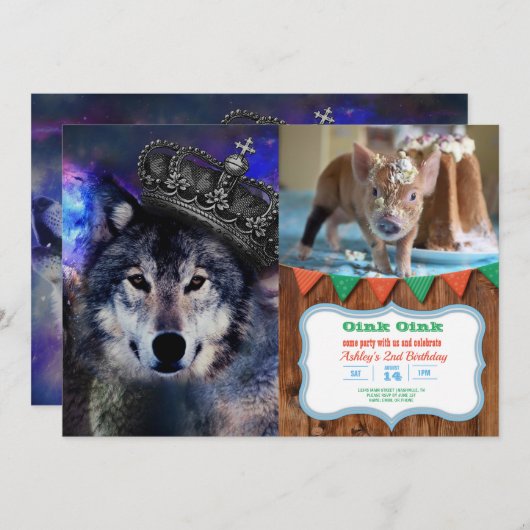 Tierwolf in Kronen Einladung (Vorne/Hinten)