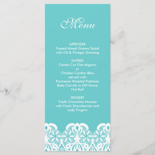 Tiffany Aquamarin Lace Wedding Menu Menükarte (Vorderseite)