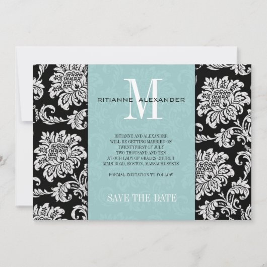 Tiffany Black Monogram Damask Save the Date Einladung (Vorderseite)