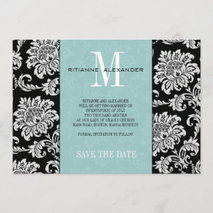 Tiffany Black Monogram Damask Save the Date Einladung
