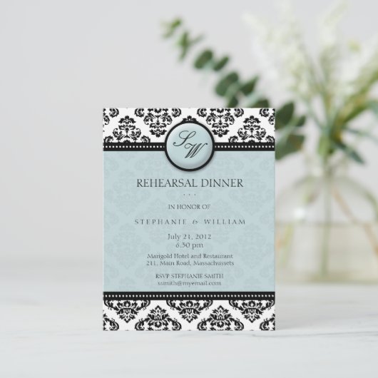 Tiffany Damask Monogram Probe Dinner Card Einladung (Stehend Vorderseite)