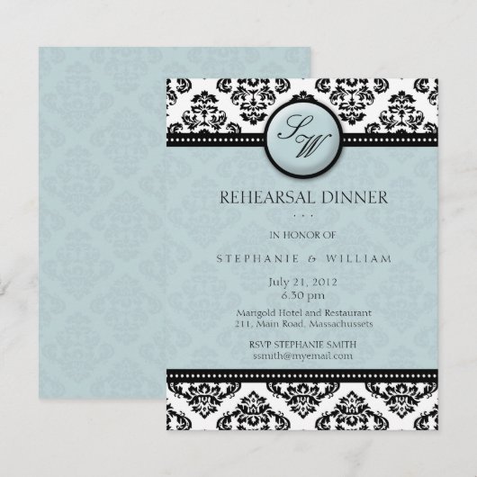 Tiffany Damask Monogram Probe Dinner Card Einladung (Vorne/Hinten)