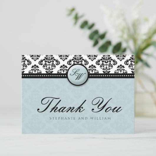 Tiffany Damask Monogram Wedding Danke Card (Stehend Vorderseite)