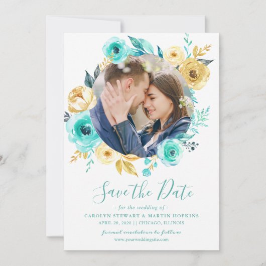 Tiffany Gold Floral Wreath Foto Save the Date (Vorderseite)