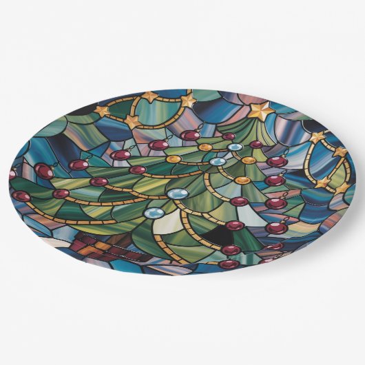 Tiffany-Style Stained Glass Christmas Tree Pappteller (Schrägansicht)