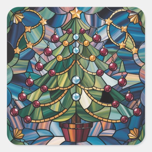 Tiffany-Style Stained Glass Christmas Tree Quadratischer Aufkleber (Vorderseite)
