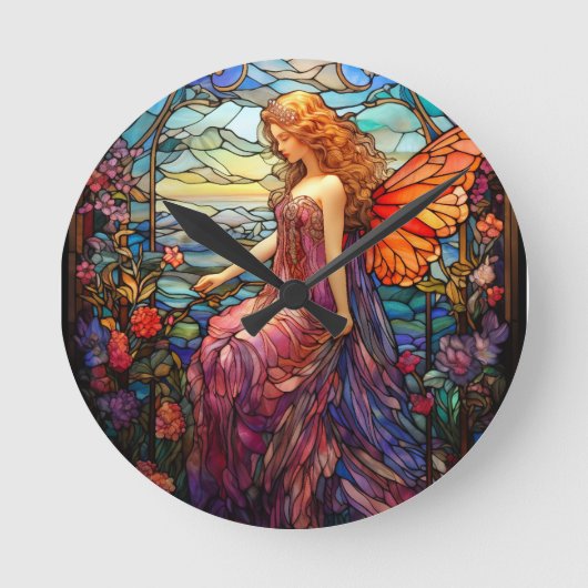 Tiffany Style verkleidetes Glas Magical Fairy Runde Wanduhr (Vorderseite)