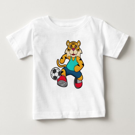 Tiger als Fußballspieler mit Fußball Baby T-shirt (Vorderseite)