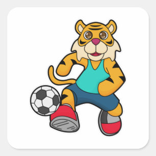 Tiger als Fußballspieler mit Fußball Quadratischer Aufkleber