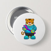 Tiger als Mechaniker mit Schlüssel Button (Vorne & Hinten)