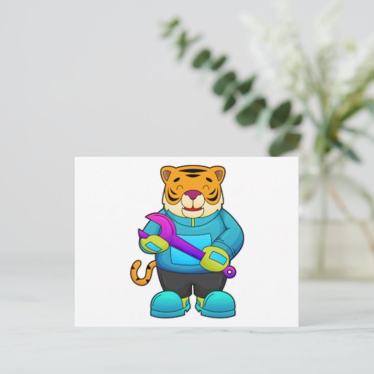 Tiger als Mechaniker mit Schlüssel Postkarte (Stehend Vorderseite)