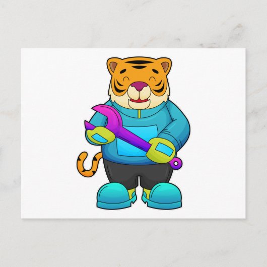 Tiger als Mechaniker mit Schlüssel Postkarte (Vorderseite)