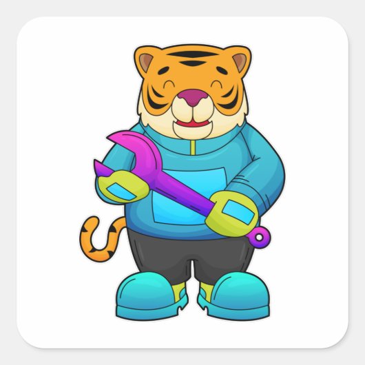 Tiger als Mechaniker mit Schlüssel Quadratischer Aufkleber (Vorderseite)