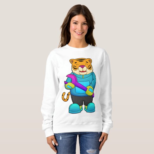 Tiger als Mechaniker mit Schlüssel Sweatshirt (Vorne ganz)