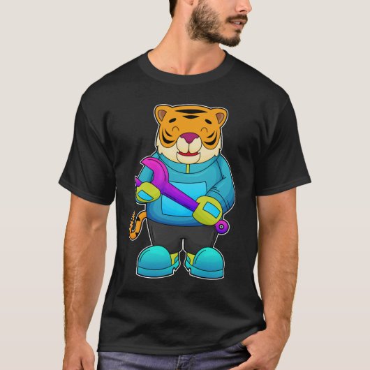 Tiger als Mechaniker mit Schlüssel T-Shirt (Vorderseite)