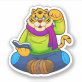 Tiger als Nerd mit Buch Aufkleber (Vorderseite)