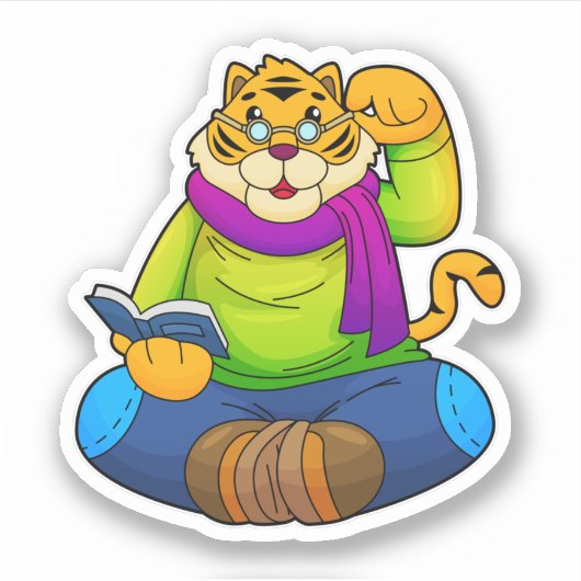 Tiger als Nerd mit Buch Aufkleber (Vorderseite)